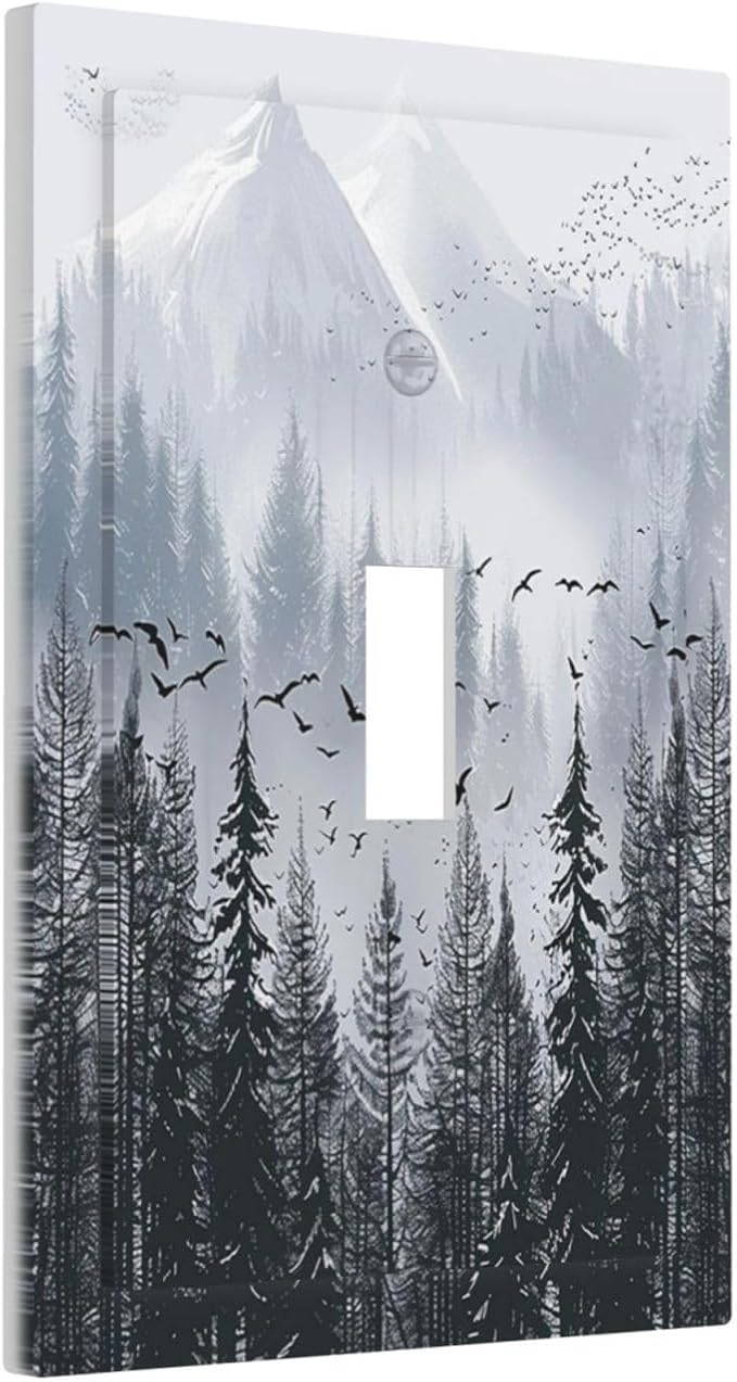 Misty Forest Nature Tree Mountain Birds Decorative Light Switch Cover 1 Gang Single Toggle Device Electrical Faceplate Switchplates Decorator Outlet Wall Plate for Bed Room Living Room Decor