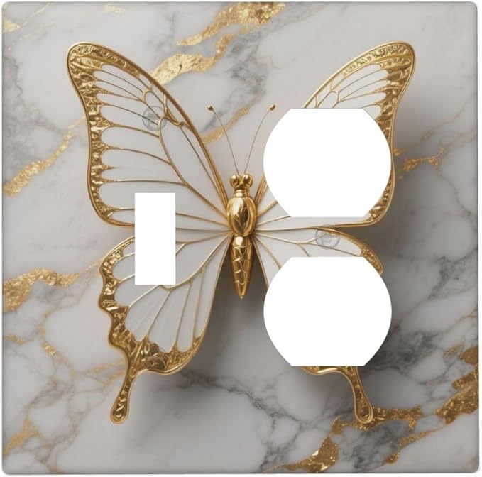 Gold Marble Shine Butterfly Abstract Modern Print Wallplates 1 Toggle 1 Duplex Switch Plate Electrical GFCI Faceplate Decorative Light Switch Covers for Bed Room Bathroom Decor