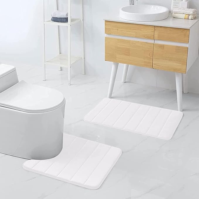 Buganda Memory Foam U-Shaped Contour Toilet Rugs, Non Slip Absorbent, Thick Soft Washable Bathroom Mat, Floor Carpet Bath Rugs Mat for Toilet Base (24" x 24", White)