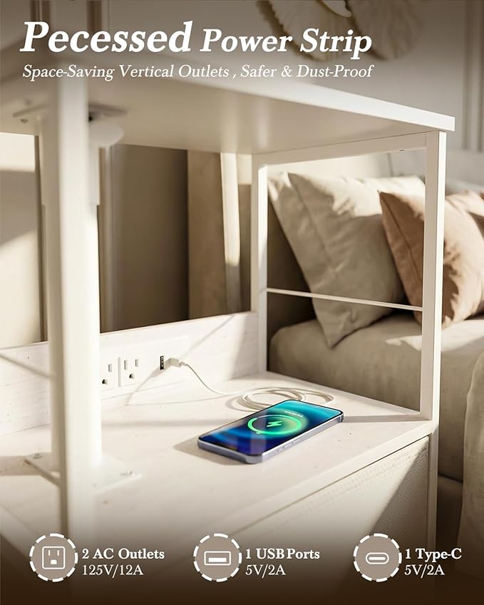 Swivel Lift Top Nightstand with Charging Station, 2-Tier 360° Adjustable Bedside Table, Rolling Night Stand with Wheels, Small End Table with Fabric Drawer, for Bedroom, Living Room, White