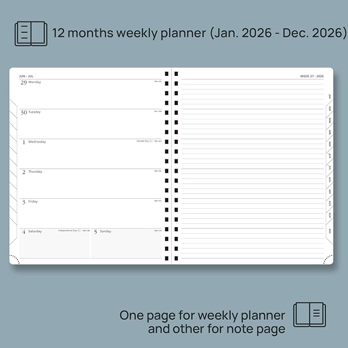 POPRUN 2026 Planner Weekly Notebook Calendar (Jan-Dec), Large Size 8.5'' x 10.5'' - Agenda 2026 Appointment Book with Monthly Tabs, Inner Pocket, Spiral Soft Cover, 100 GSM - Cerulean Blue