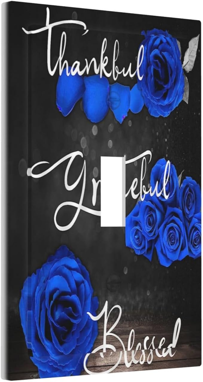 Light Switch Cover Blue Rose Thankful Grateful Blessed 1 Gang Wall Plate Cover Romantic Blue Floral Single Toggle Outlet Covers Decorative Switchplate Electrical Faceplate for Home Decor