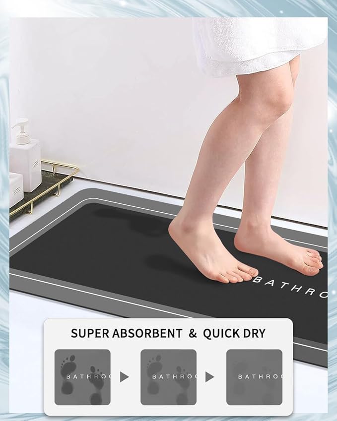 Bath Mat, Bathroom Mat Rugs Super Absorbent Shower Mats Non Slip Quick Dry Thin Rubber Mats for Bathroom Floor Fit Under Door, Shower Rug for Bathtub, Shower