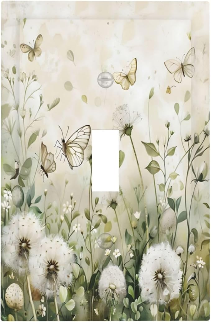 Dandelions Butterflies Watercolor Wildflowers Floral Decorative Light Switch Cover 1 Gang Single Toggle Device Electrical Faceplate Switchplates Decorator Outlet Wall Plate for Bedroom Living Room