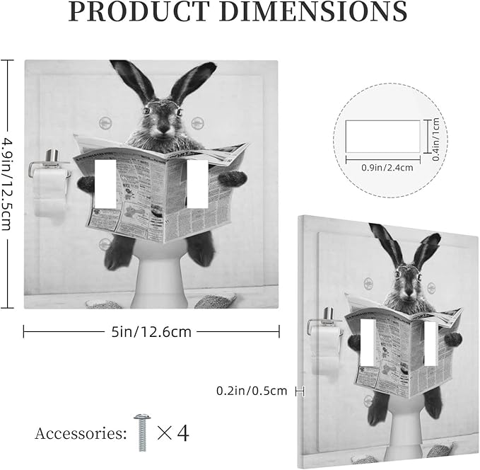 Funny Retro Cute Animals Vintage Grey Black Rabbit Double Toggle Light Switch Plate Cover Decorative 2 Gang Wall Plate Covers Dual Device Electrical Switchplate for Country Bathroom Bedroom