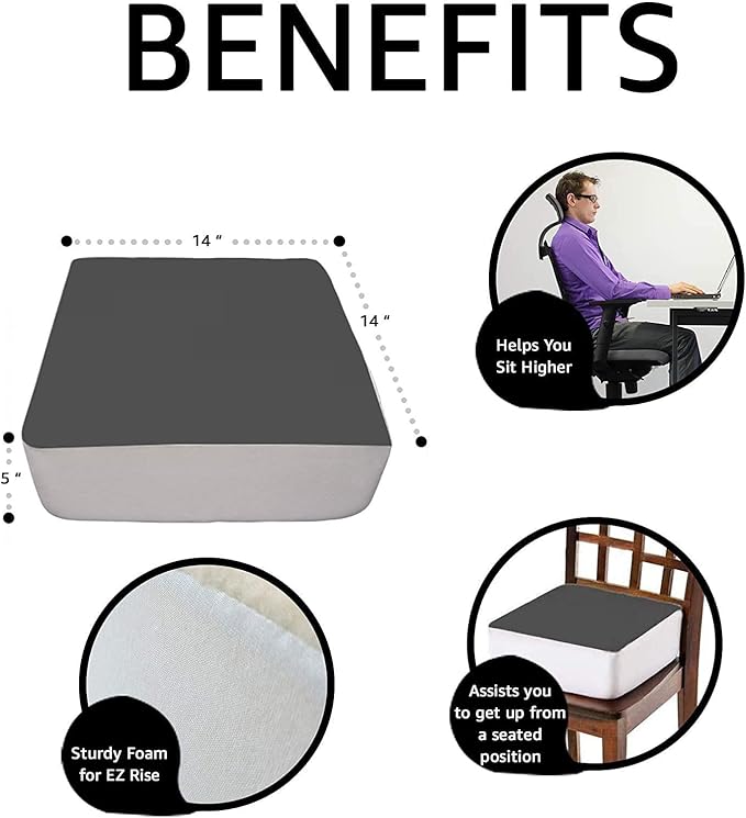 Comfort Finds Rise with Ease Seat Cushion - Thick Firm Chair Cushion Booster - Extra Thick Foam Pad for Home, Patio, Office and Car Seats - Extra Supportive Lift - 14 X 14 X 5 (Gray)