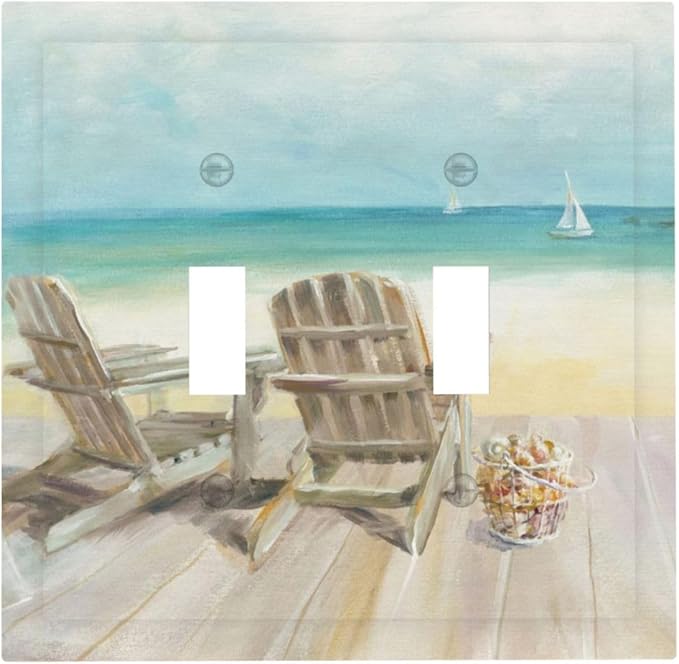 Light Switch Cover Beach Beach Chair Seascape Blue Ocean 2 Gang Wall Plate Double Light Switch Plate Modern Coastal Toggle Decorative Outlet Covers Electrical Switchplate for Bathroom Bedroom