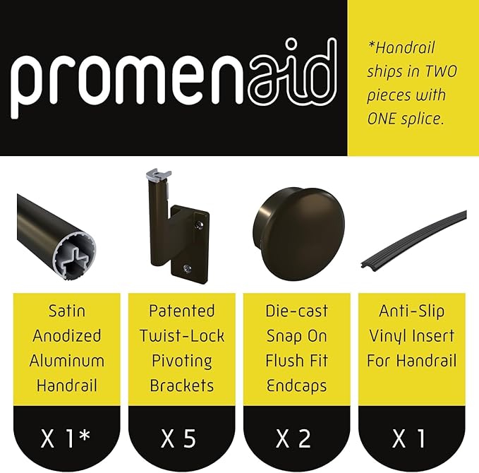Promenaid 13ft Flush Handrail Kit - Architectural Bronze - Complete Indoor/Outdoor Handrail for Stairs - 1.6" Round Anodized Aluminum Railing - 5 Bronze Painted Wall Brackets & Flush Endcaps