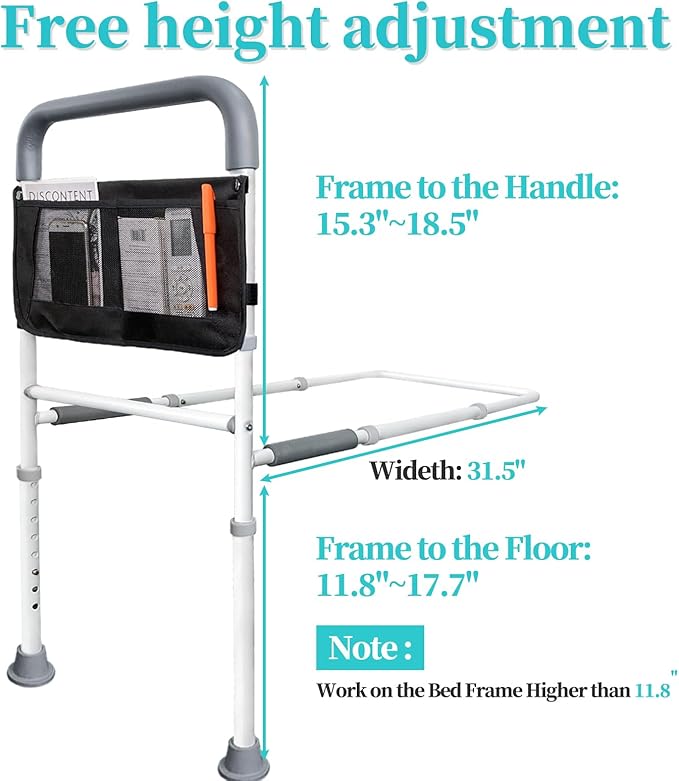 AOHHL Bed Rails for Elderly Adults Safety with Adjustable Heights Storage Pocket Assist Support Side Railings for Seniors Citizens Slides Under Mattressbed Cane Bed Handles Bars (Light Grey)
