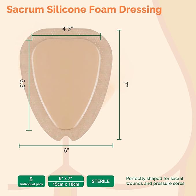 Sacral Foam Dressing 6"X7" Sacrum Silicone Foam Dressing with Border, High Absorbent Pads Breathable Adhesive Sacrum Bandage for Bed Sores Wound Care Bandages 5 Packs