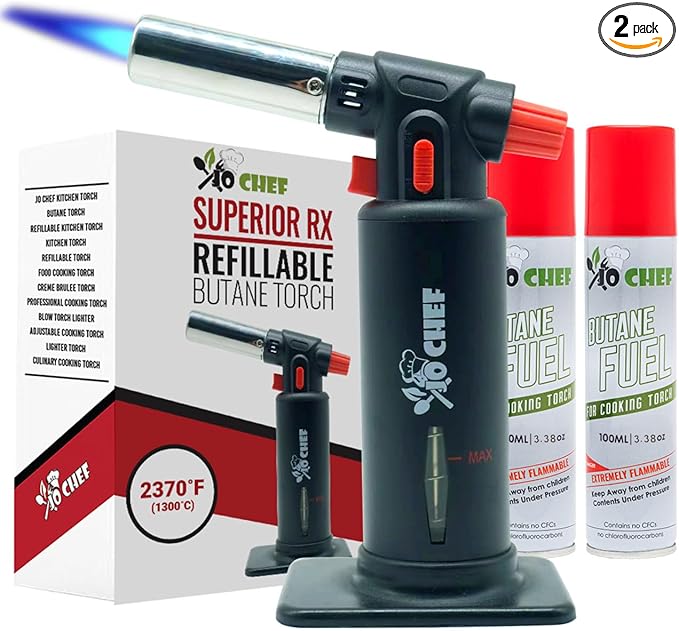 Jo Chef Kitchen Torch with Butane Included – Refillable butane torch Lighter with Safety Lock & Adjustable Flame, Culinary Blow Torch for Cooking, Creme Brulee 2 Cans (3.38oz) Included Black