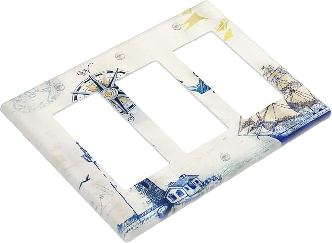 Nautical Sailboat Lighthouse Compass Anchor Triple Rocker Outlet Covers Decorative 3 Gang Light Switch Cover Plate Rustic Gfci Electrical Switchplate Receptacle Wall Plate for Bathroom Decora