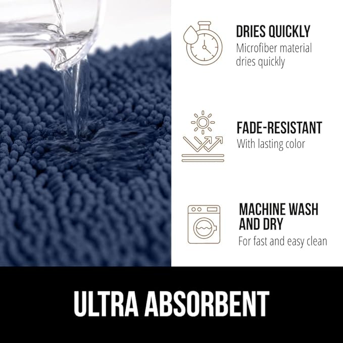 GORILLA GRIP Plush Absorbent Shaggy Chenille Bath Rug Mat for Square Toilet Base with Rubber Backing, Machine Washable Rugs, Soft Microfiber Contour Mats for Toilets, Bathroom Decor, Navy