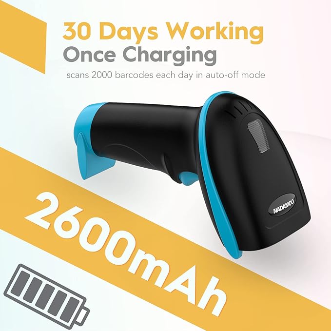 NADAMOO Wireless Barcode Scanner 328 Feet Transmission Distance USB Cordless 1D Laser Automatic Barcode Reader Handhold Bar Code Scanner with USB Receiver for Store, Supermarket, Warehouse - Blue