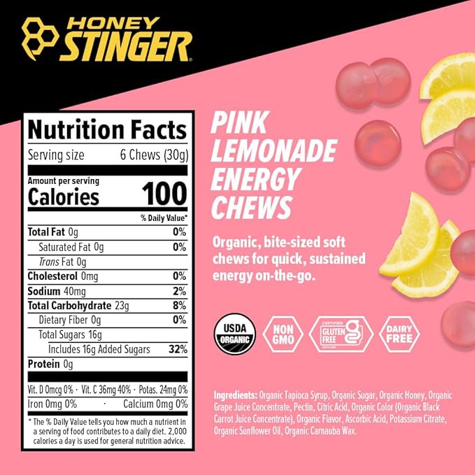 Honey Stinger Organic Pink Lemonade Energy Chew, Gluten Free & Caffeine Free, for Exercise, Running and Performance, Sports Nutrition for Home & Gym, Pre and Mid Workout, 12 Pack, 21.6 Ounce