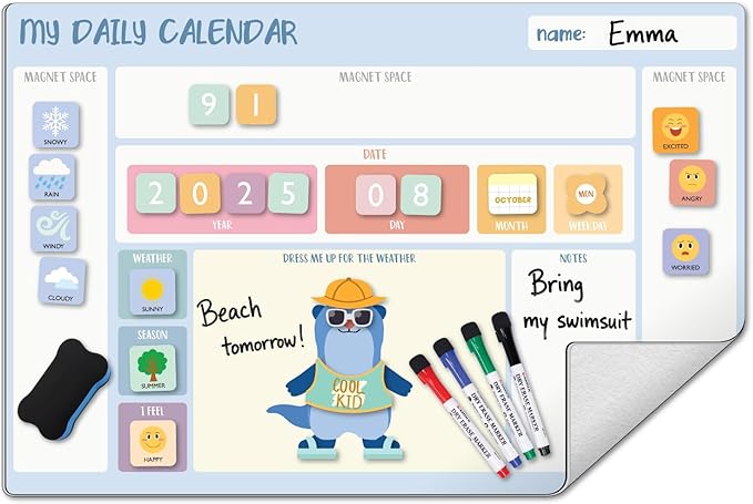 COMIX Whiteboard Calendar Dry Erase, Adhesive White Board Calendar for Kids 26" x 17" with Funny Magnetic Deco, Educational Calendar Set for Kids Student Home Classroom