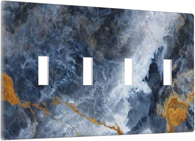 Decorative Switch Plate Covers Gold Dark Blue Gilt Haze Marble 4 Gang Light Switch Cover Plate Quad Toggle Wall Plate Dimmer Faceplate S for Bathroom Decor