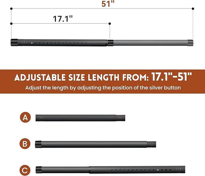 Sliding Door Security Bar, 17.1-51" Adjustable Lock Bar with Rubber Tips, 1.25" Thickened Metal for Sliding Window & Door, Black, Fortify Your Home Entry Points