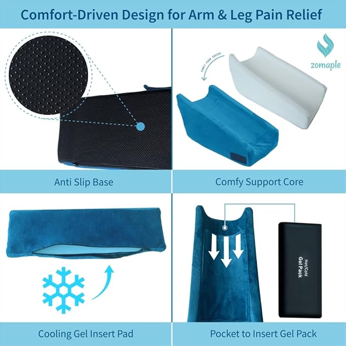Zomaple Arm Elevation Pillow, Navy Blue – Reduce Swelling & Pain with Elbow Support – Adjustable, Gel-Infused Foam, Hot/Cold Gel Pack & Washable Cover – Arm Support Pillow for Post-Surgery Recovery