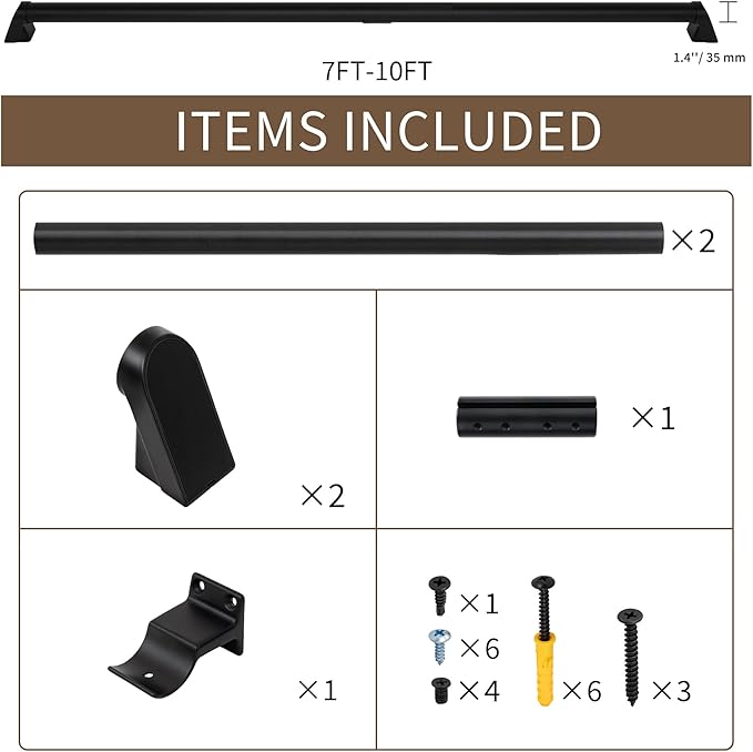 8FT Modern Aluminum Handrail Set - ADA Compliant Indoor & Outdoor Stair Railing. 1.4" Diameter Grab Bar. Wall-Mounted with 90°Wall Return End. Ideal for Safe Grip，Rust Free(Matte Black, 8FT)