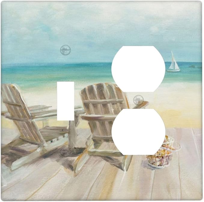 Decorative Light Switch Cover Plate Beach Chair Seascape Blue Ocean Modern Coastal 2 Gang Outlet Covers 1 Toggle 1 Duplex Wall Plate Decorate Electrical Switch Plate Covers for Bathroom Home