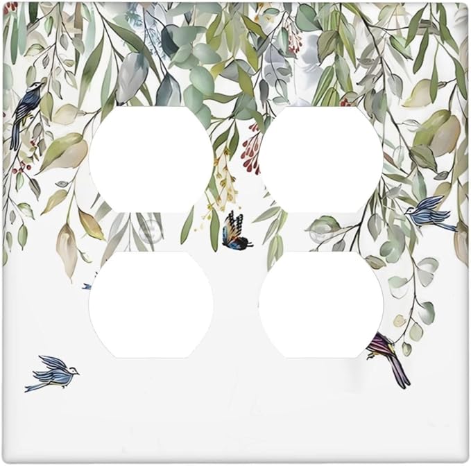 Green Leaf Eucalyptus Leaves Floral Bird Butterfly Outlet Covers 2 Gang Double Duplex Decorative Light Switch Covers Electrical Wallplates Socket Faceplate for Bed Room Living Room Decor