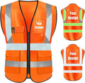 YOWESHOP High Visibility Safety Vest Custom Your Logo Protective Workwear 5 Pockets With Reflective Strips Outdoor Work Vest (M, Orange Luminous)