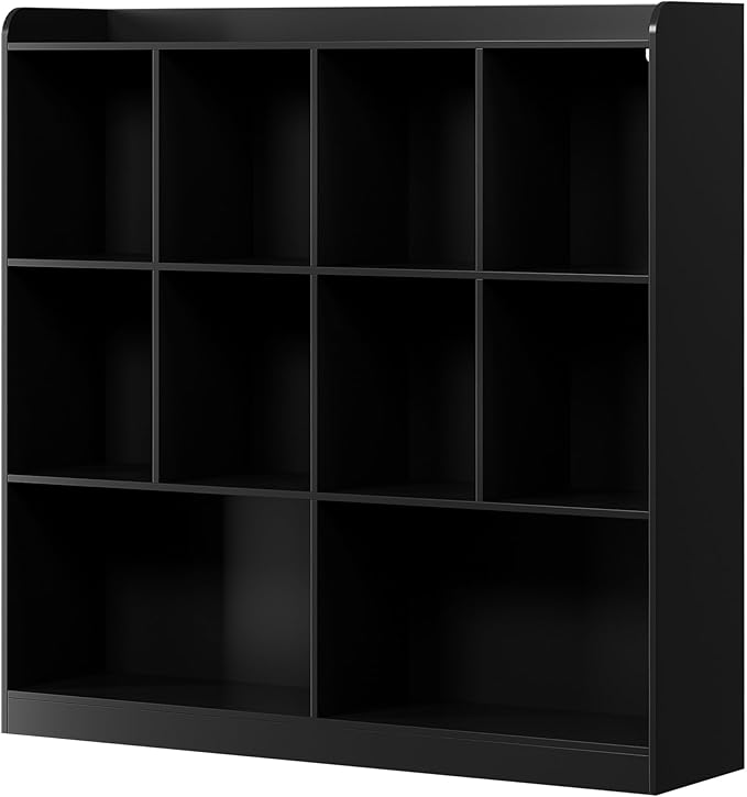 Cozy Castle Bookshelf, 3-Tier Open Bookshelf, 10 Cube Horizontal Bookcase, Storage Organizer with Anti-Tilt Device, Wood Bookcase for Home Office, Bedroom, Living Room, Black