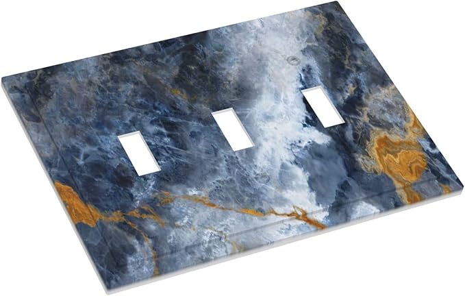 Decorative Switch Plate Covers Gold Dark Blue Gilt Haze Marble 3 Gang Light Switch Cover Plate Triple Toggle Wall Plate Light Switch Covers for Bathroom Decor