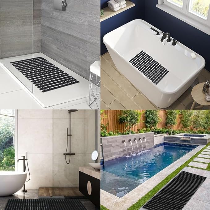 Bath Mat Non Slip Shower Mat Bathtub with Drain Holes and Heavy Duty Rubber No Suction Cups Sturdy Shower Stall Tub Mat for Bathroom, Shower Floor, Pool, SPA, (Black, 4FT X 32FT)