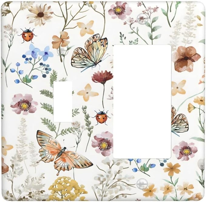 Boho Multicolor Flower Butterfly Insect Floral Outlet Covers 1 Toggle 1 Rocker Combination Decorative Wall Plate Electrical Switch Plates Light Switch Cover Plate for Bedroom Living Room Decor