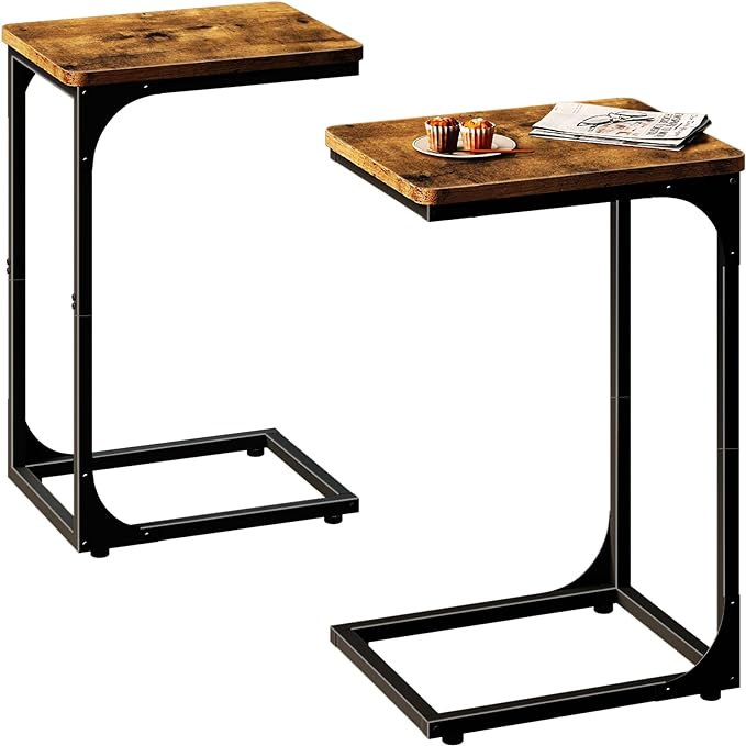 QEEIG C Shaped Side Table Set of 2 Living Room Sets Couch Tray Tables Small Farmhouse 11.8 inch Width, Rustic Brown (017A-30BN)