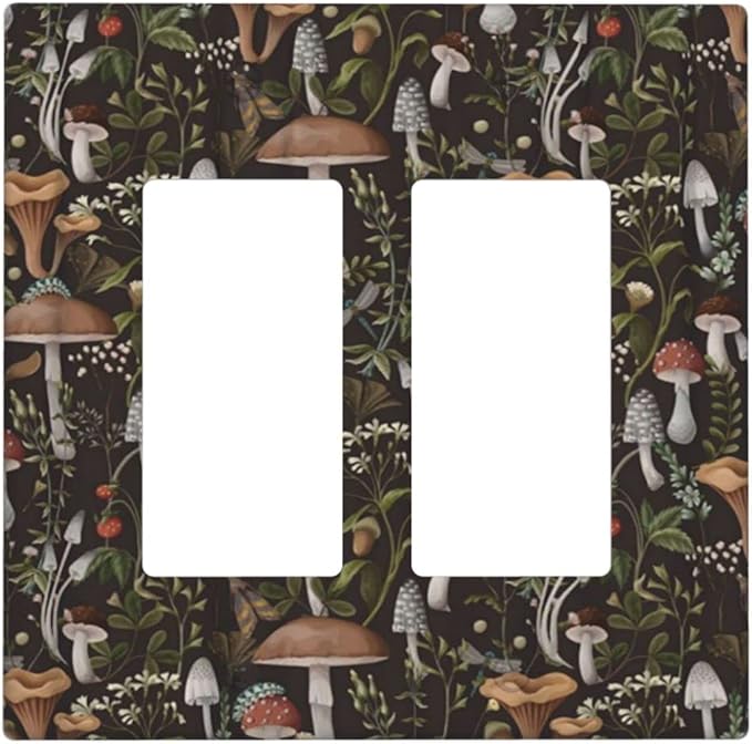 Funky Retro Vintage 70s 60s Boho Hippie Mushroom Double Rocker/Decora Outlet Covers 2 Gang Light Switch Cover Decorative Bohemian Floral Leaf Gfci Wall Plate Electrical Switchplate Faceplate for Home