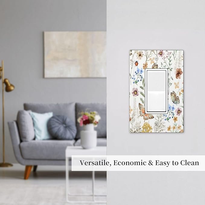 Boho Multicolor Flower Butterfly Insect Floral Decorative Outlet Covers 1 Gang Single Rocker Light Switch Cover Plate Wall Plates GFCI Faceplate for Bedroom Living Room Decor