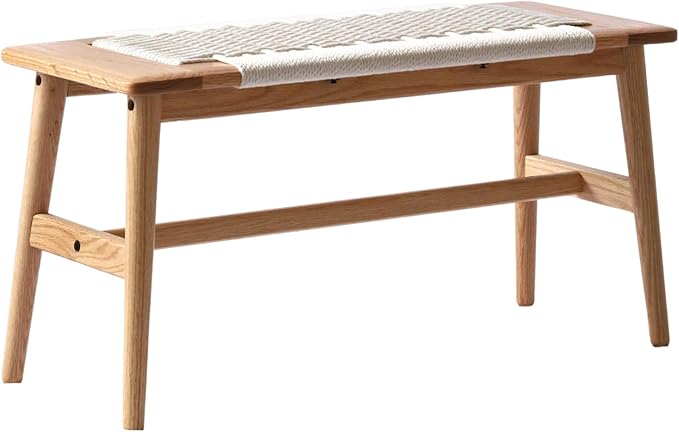 Wood Dining Bench,100% Natural Solid Oak with Rattan Design, Rounded Edge, Bench for Entryway Hall, Dining Room,Bedroom, Living Room (Off-White, 31.49 inch)