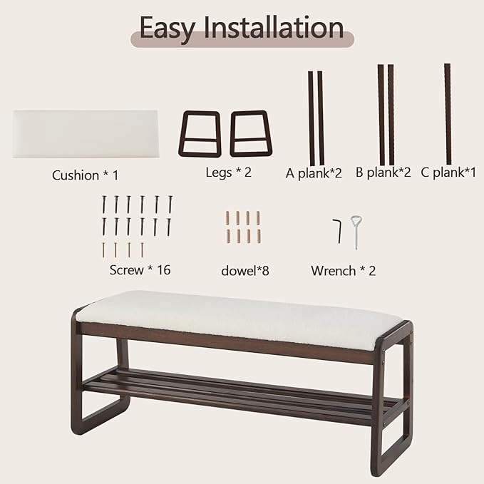Shoe Rack Bench,2 Tier Wooden Entryway Bench with Shoe Storage, Shoe Rack with Cushion for Living Room, Hallway(Cream White, 39.4")