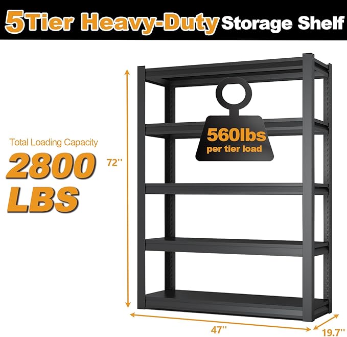 72H Metal Kitchen Storage Shelves, 2800 LBS Heavy Duty Pantry Shelving Unit, 5-Tier Adjustable Pantry Shelves, Food and Beverage Storage Rack, Appliance Storage Utility Shelf for Balcony - Black