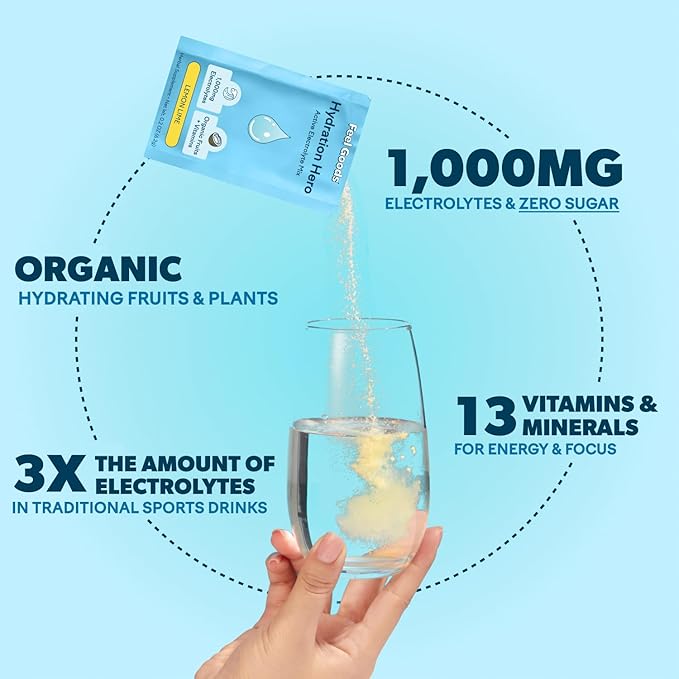 Feel Goods Hydration Hero, 1,000mg Electrolytes Powder, Sugar Free, Magnesium, Organic Aloe Vera, Organic Aloe, L Theanine, Vitamin C & B12, Non GMO, Keto, Vegan | Guava Fresca, 30 Servings