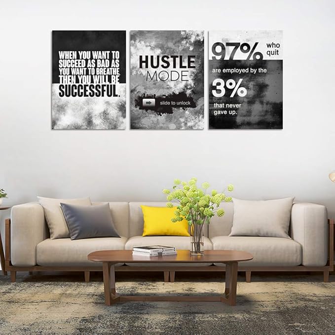 Motivational Office Wall Decor, Inspirational Canvas Wall Art, 3 Pieces Hustle Posters Prints Entrepreneur Success Quote Wall Decor for Lobby Meeting Room Hallway Living Room(36”Wx16”H)