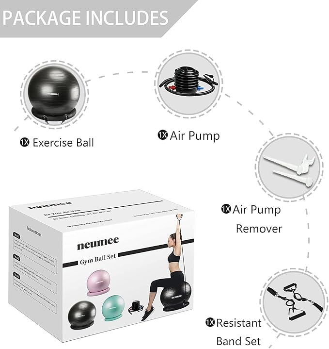 Yoga Ball Chair with 65cm Exercise Ball & 2 Resistance Bands, Stability Base for Home Office, Yoga, Pilates & Fitness, Balance Ball for Posture, Core Strength & Low Impact Workouts