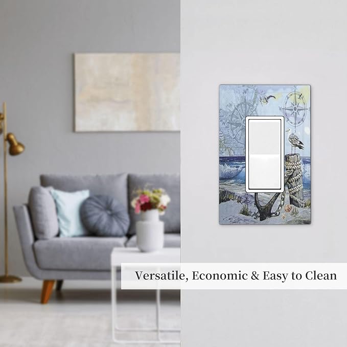 Outlet Covers Sea Ocean Sand Coast Compass Ship Lighthouse Anchor 1 Gang Wall Plate Single Rocker Light Switch Cover Decorative GFCI Receptacle Cover Electrical Switchplate for Bathroom Decor
