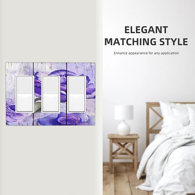 Light Switch Cover Purple Rose Flower Rustic Wood Plank 3 Gang Wall Plate Triple Light Switch Plate Rocker GFCI Outlet Covers Decorative Receptacle Cover for Farmhouse Bathroom Decor
