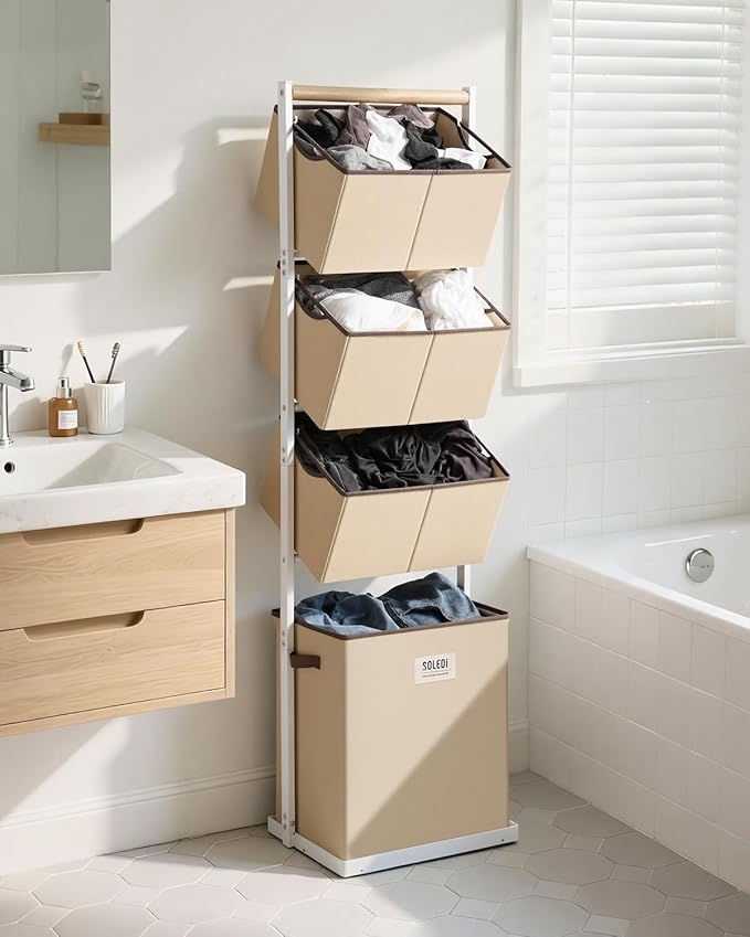 SOLEDI 4 Section Laundry Hamper Sorter, Stackable Laundry Basket Organizer with Removable Basket, 125L 4-Tier Vertical Laundry Sorter for Small Space, Laundry Room, Dorm, Bathroom, Wardrobe Beige