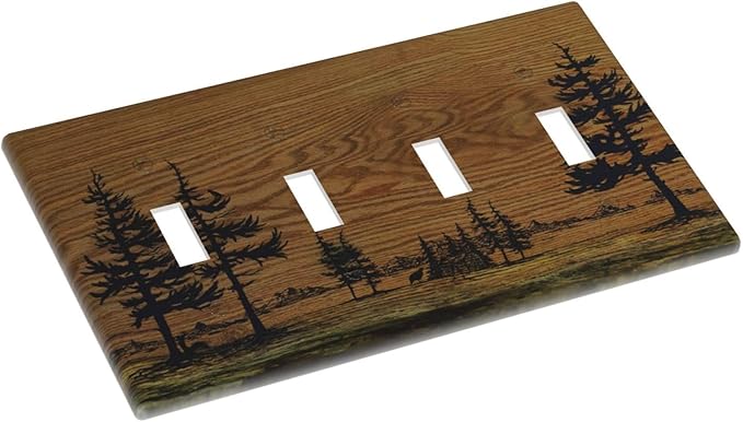 Decorative Switch Plate Covers Rustic Farmhouse Brown Board Pine Tree Wood Grain 4 Gang Light Switch Cover Plate Quad Toggle Wall Plate Light Switch Covers for Bathroom Decor