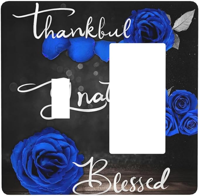 Light Switch Cover Blue Rose Thankful Grateful Blessed 2 Gang Toggle Rocker Combo Wall Plates Romantic Blue Floral Decorative Switch Plates and Outlet Covers Receptacle Cover for Home Decor