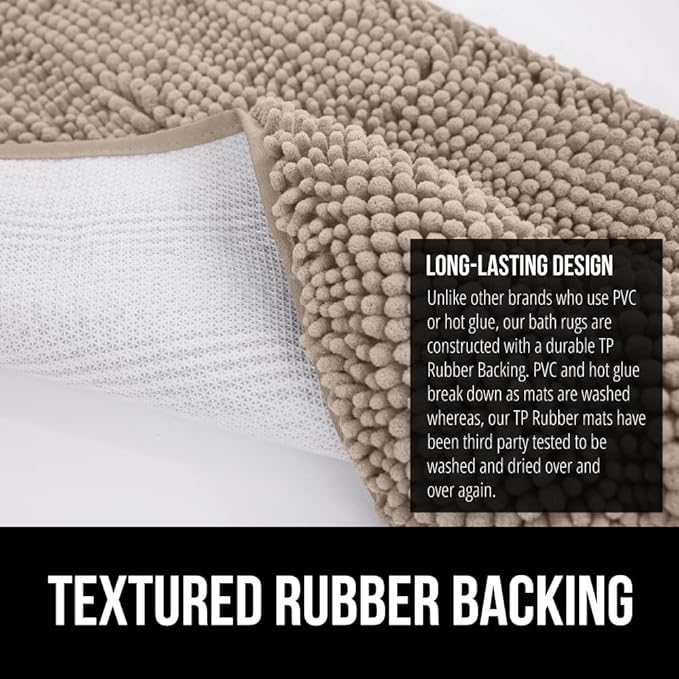 GORILLA GRIP Bathroom Rug Sets 3 Piece, Bath Mat Set and Oval Toilet Base with Rubber Backing, Plush Absorbent Shaggy Chenille Washable Mats, Includes 24x19.5, 24x17 and 30x20 Inch Rugs, Gray Beige