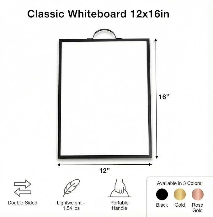 Small Magnetic Dry Erase Whiteboard 12x16 with Handle – Double-Sided Portable Board with Black Aluminum Frame – Includes Markers, Eraser & Magnets for Home and Office