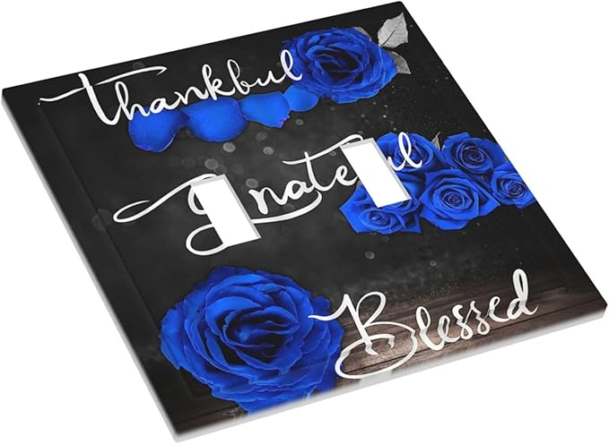 Light Switch Cover Blue Rose Thankful Grateful Blessed 2 Gang Wall Plate Double Light Switch Plate Romantic Blue Floral Toggle Decorative Outlet Covers Electrical Switchplate for Home Decor