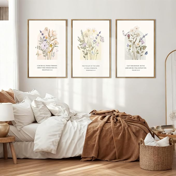 IARTTOP Extra Large Christian Floral Wall Art Framed 24x36 Inch Bible Verse Scripture Art Prints Minimalist Botanical Wildflower Religious Canvas Wall Decor for Living room Bedroom Set of 3