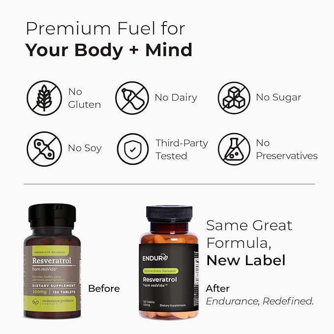 Endur Resveratrol, Healthy Aging & Cardiovascular Support Supplement, Instant Release Antioxidant Grape Skin Extract, Gluten Free, 100mg (150 Tablets)